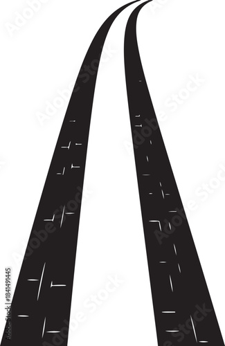 Black asphalt road with white lane markings curving to the right on a white background