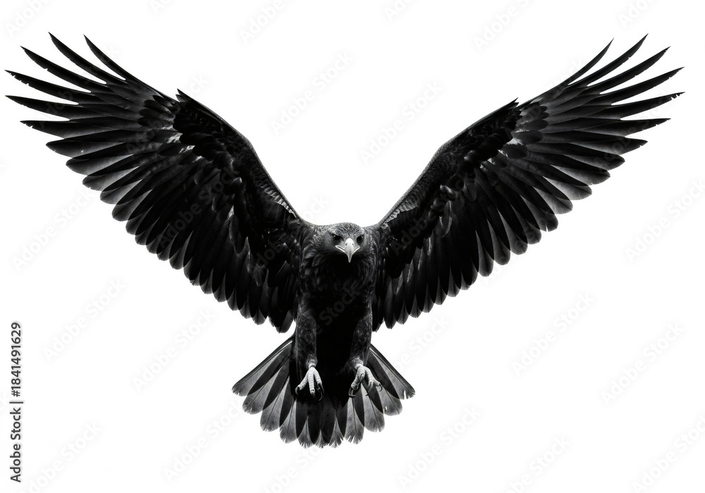 Naklejka premium Eagle with spread wing in black and white close up. Predator bird concept. Graphic design element and symbol of freedom.