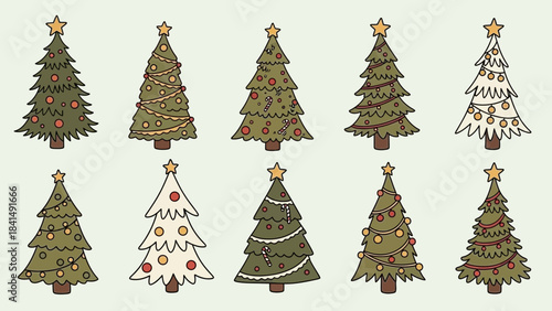 Holiday Evergreen: A collection of elegantly adorned evergreen trees, each aglow with festive cheer, heralds the season of joy and celebration.