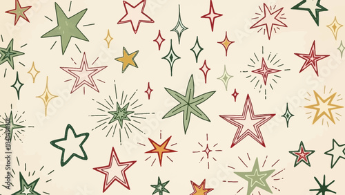 Festive Starbursts: A whimsical collection of hand-drawn stars and sparkles in a muted color palette, creating a playful and celebratory background pattern.
