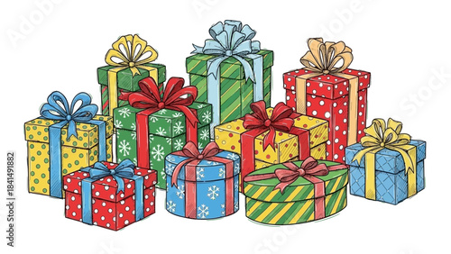 Wrapped Gifts: A colorful assortment of wrapped gifts, each adorned with vibrant ribbons and bows, create a festive scene perfect for celebrations and special occasions.