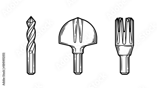 Set of hand-drawn tool icons: drill bit, trowel, and fork in black outline vector style