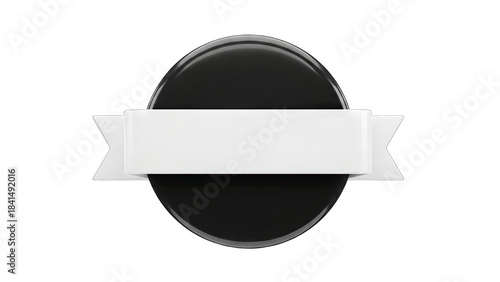 Modern Minimalist Glossy Black Button with White Ribbon Banner