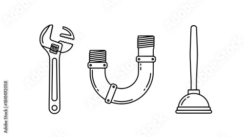 Line-art icons of plumbing tools: adjustable wrench, pipe elbow, and plunger