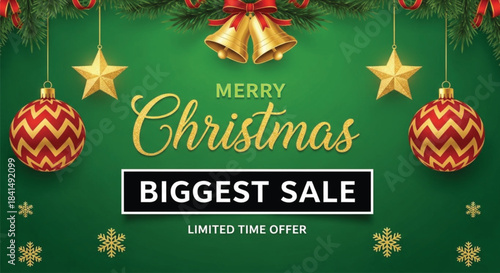 A festive christmas scene with golden bells red ornaments and a biggest sale banner on a green background
