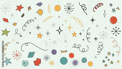 Abstract Festive Elements: A captivating array of hand-drawn stars, spirals, and circles, perfect for infusing joy and energy into various design projects.