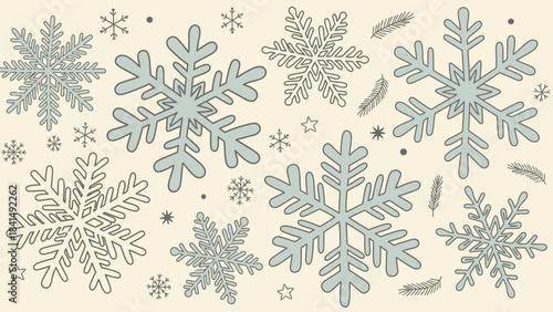 Winter Snowflake Harmony: An array of delicate snowflakes, each with its unique crystallized structure, drifts gracefully across a soft canvas, evoking the serene beauty of a winter wonderland.