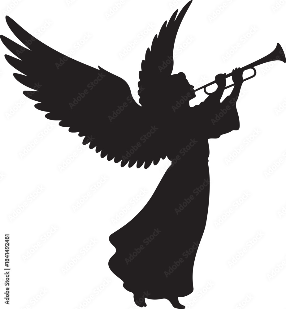 Fototapeta premium Black silhouette of angel playing trumpet with large wings
