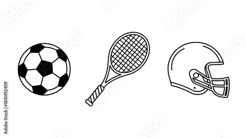 Outline vector sports icons: soccer ball, tennis racket, and football helmet
