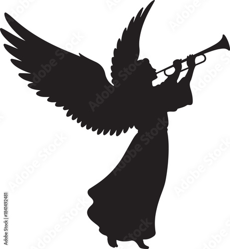 Black silhouette of angel playing trumpet with large wings