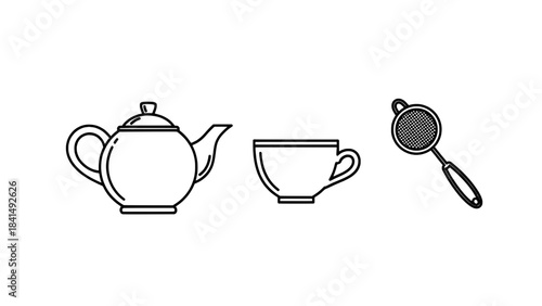 Line art tea set: teapot, teacup and tea infuser icon in minimalist outline style