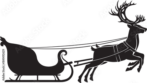 Black silhouette of reindeer pulling a sleigh with a person riding it holiday
