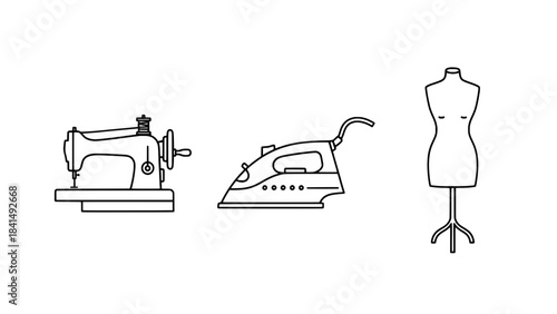 Line icons of sewing tools: sewing machine, iron, and dress form in a minimalist outline style