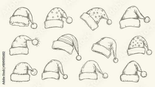 Festive Winter Hats Collection: A charming collection of festive hats, each meticulously illustrated in a classic style, perfect for evoking the joy and warmth of the winter holidays.