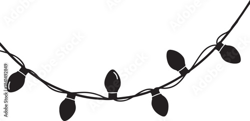 Black string lights with oval bulbs hanging in a curved pattern on a white background black lights