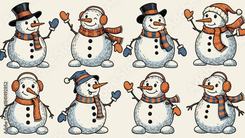 Festive Snowman Collection: A delightful ensemble of snowmen, each adorned with unique hats, scarves, and mittens, ready to bring winter joy and charm to any project.