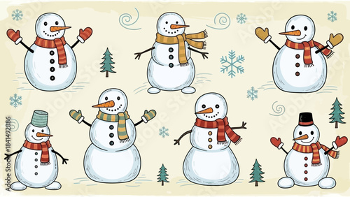 Snowman in Winter Wonderland: A cheerful assembly of snowmen in a wintry setting, each adorned with unique accessories and surrounded by festive elements, celebrating the spirit of winter.