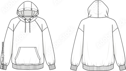 Unisex hoodie sweatshirt technical flat sketch, front and back view, kangaroo pocket pullover, streetwear design, cad drawing flat vector illustration