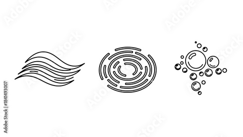 Minimalist line icons: flowing waves, circular labyrinth, and bubble cluster