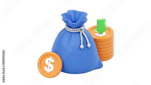 Money Bag and Coins with Down Arrow: Financial Savings Concept