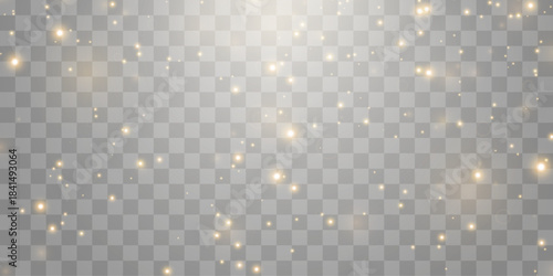 Vector magical light dust, dusty shine. Flying particles of light. Christmas light effect. Sparkling particles of fairy dust glow in transparent background. Vector illustration on png