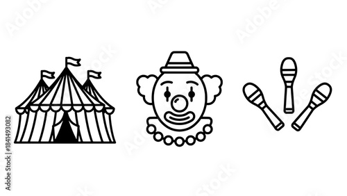 Circus-themed vector icons: striped tent, clown face, and maracas in bold outline