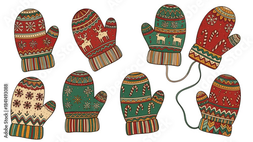Holiday Mittens: A collection of intricately designed, festive mittens showcasing a variety of traditional holiday motifs.