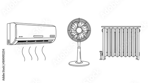 Outline vector illustration of indoor climate devices: wall-mounted air conditioner, pedestal fan, and column radiator