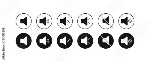 Minimalist speaker and volume icon set. Audio and mute symbols, perfect for web, mobile apps, and UI UX design. Editable vector graphics