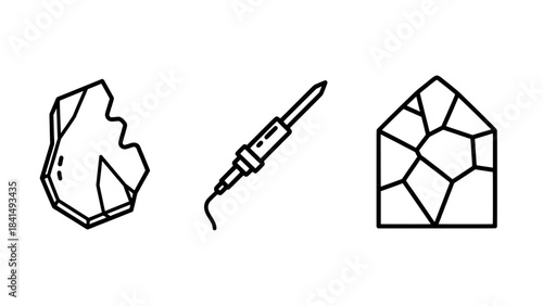 Three-line art icons: rough gemstone, soldering iron, and faceted crystal inside a house-shaped frame