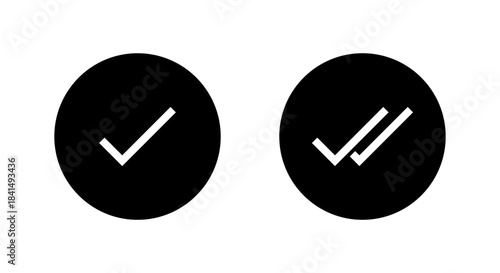 Check mark and two checkmark icon in black circle. Single and double tick status symbol. Sent and read message sign