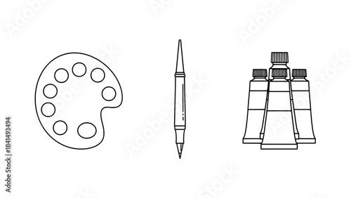 Minimalist line art icons: artist palette, fountain pen, and paint tubes (vector outline)