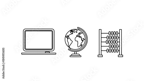 Minimal line icons of laptop, globe, and abacus on white background