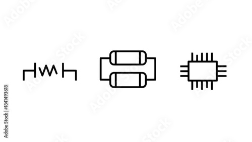 Minimalist line icons of electronics: small circuit symbol, dual-plate capacitor module, and multi-pin IC chip