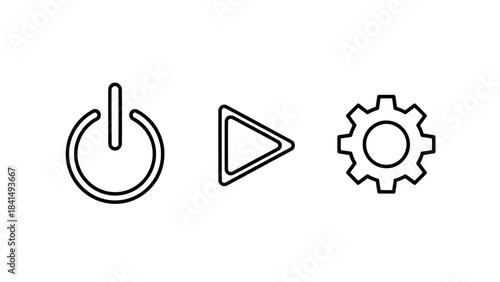 Minimalist outline icon trio: power button, play symbol, and gear (settings) in vector style