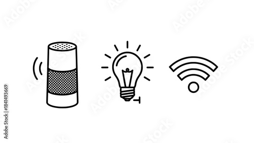 Three minimalist vector icons: smart speaker, glowing light bulb, and Wi-Fi symbol in black outline