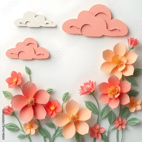 paper, flower, flowers, cloud, clouds, arrangement, background, kids, children, childlike, playful, cute, fun, colorful, pastel, soft, craft, handmade, papercut, paperart, collage, decoration, decor, 