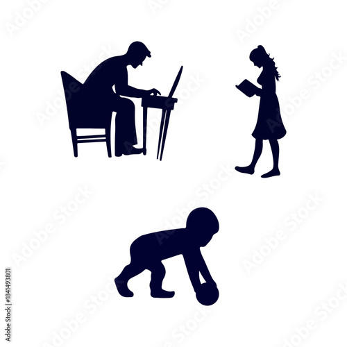 Silhouettes of people engaged in different activities working reading and playing
