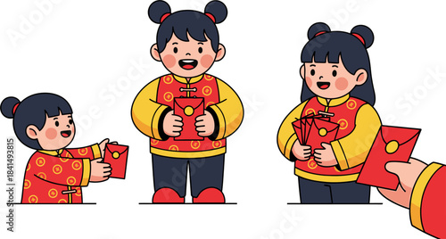 Vector illustration set of three scenes of happy Chinese girls in traditional clothes (cheongsam/qipao) in red and yellow.