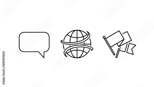 Minimalist outline icon trio: speech bubble, globe with latitude lines, and scattered flag pennants