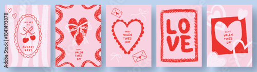 Creative concept of Happy Valentines Day cards in crayon hand drawn doodle style with frames, sweet hearts, cherries, bows and love letters. Template for ads, branding, banner, cover, label, poster.