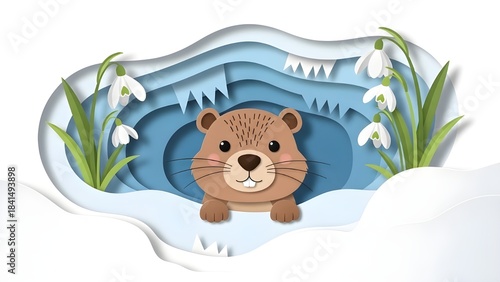 Cute groundhog peeking from snowy hole with snowdrops in paper cut art style illustration for Groundhog Day