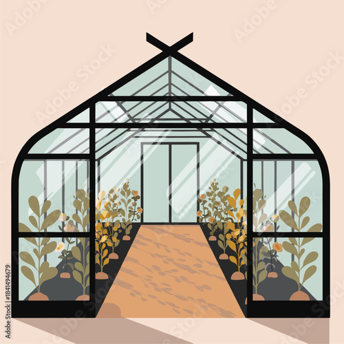Illustration of a greenhouse with plants growing inside