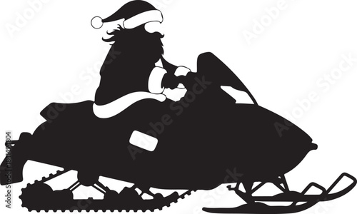 Santa Claus riding a black and white snowmobile silhouette winter