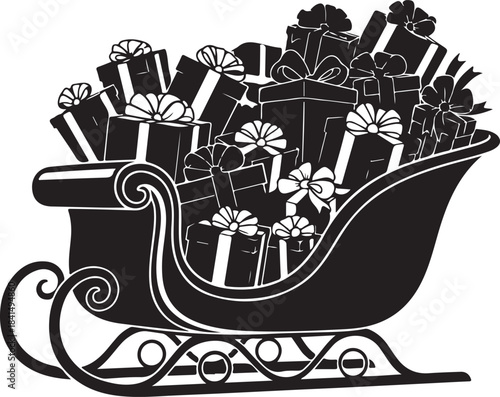Santa Claus sleigh filled with wrapped Christmas gifts and bows