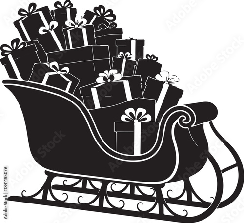 Santa's sleigh filled with black gift boxes tied with white ribbons