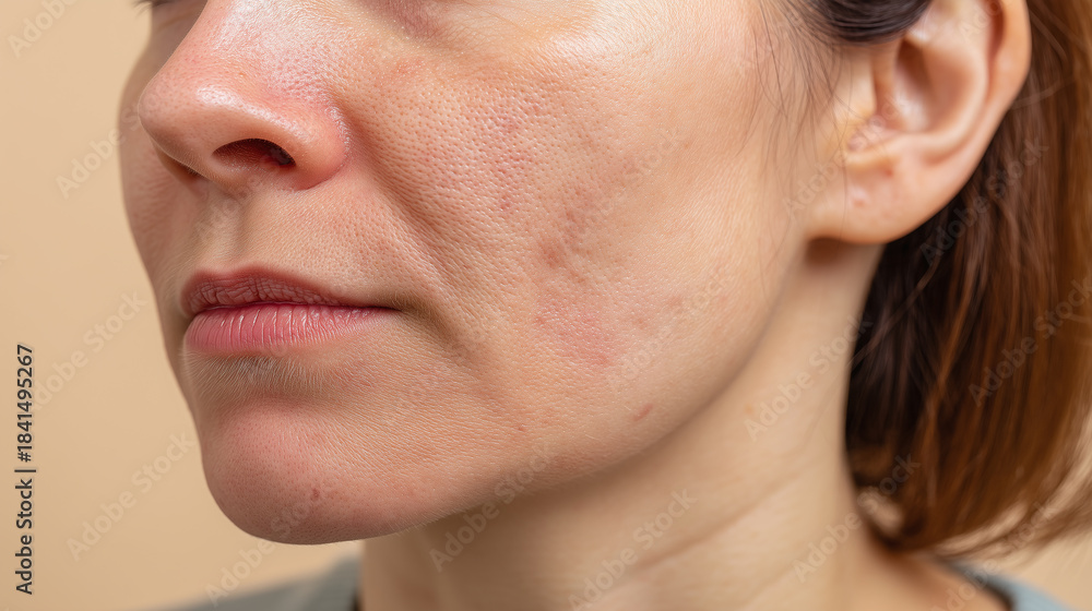 Obraz premium Close up macro of mild redness, scaliness, and acne scars on cheekbone, showing skin texture, pores, and natural complexion in soft lighting