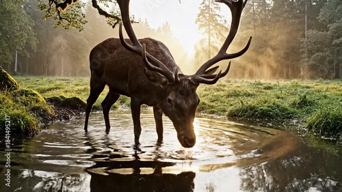 Two stags in a sunlit forest pool, tranquil reflections, misty dawn light, mossy banks. Ferns line!!