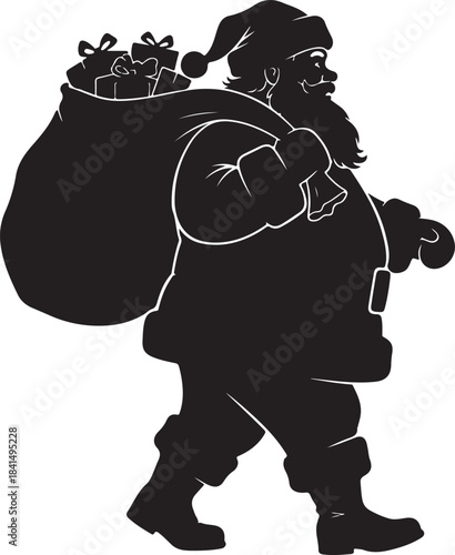 Silhouette of Santa Claus Carrying a Large Bag of Gifts in Black and White Christmas holiday