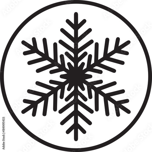A black and white snowflake inside a circular border winter cold